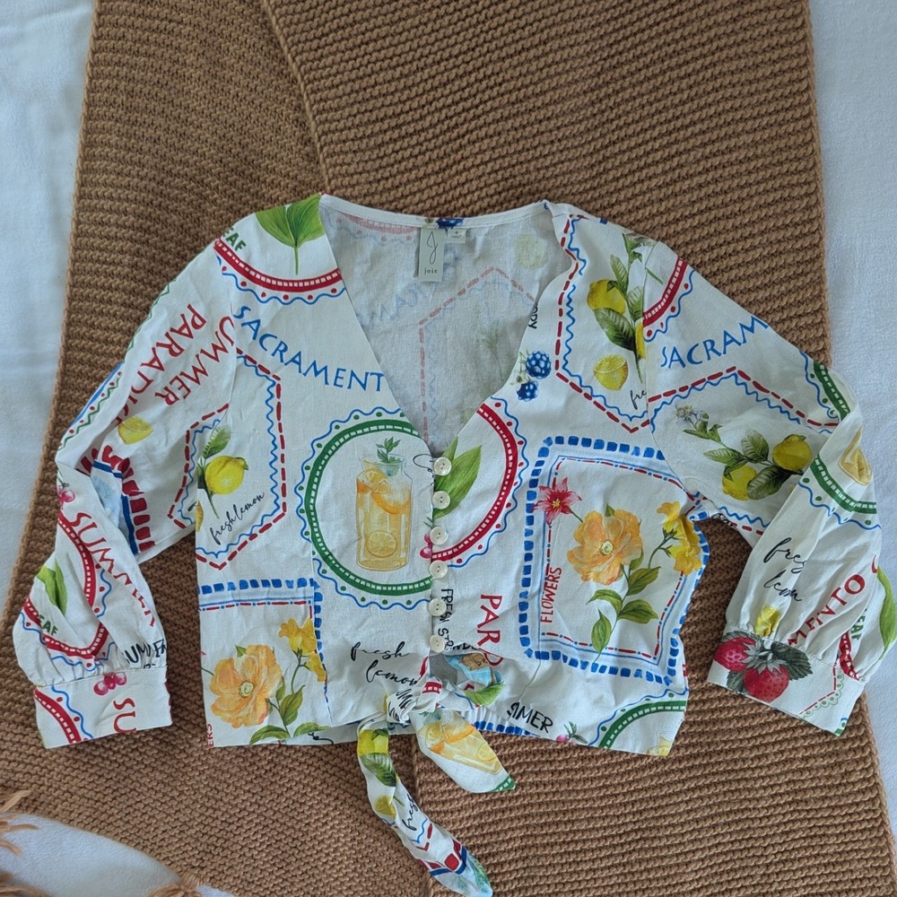 Joie Mixed Print Tie Front Cropped Button Up Blouse Women's Size 6 Linen Blend